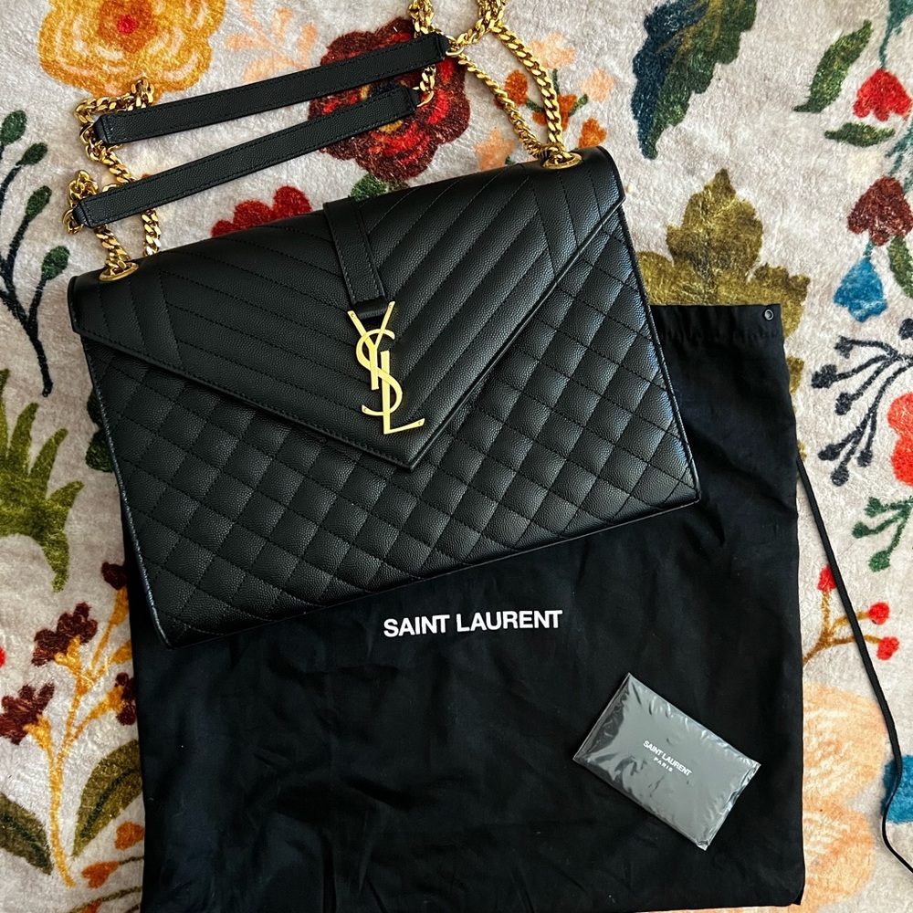 Saint Laurent Black Matelasse Envelope Flap Quilted Grain Bag